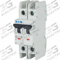 EATON IEC Miniature Circuit Breaker: 2 A Amps, 125V DC, 10 kA at 277/480V AC, Screw, DC Only (MPN FAZ-C2/2-NA-DC). Key specifications — DC Voltage Rating: 125V DC; Brand: EATON; Max. AIR Rating: 10 kA at 277/480V AC; Terminal Connection: Screw.
