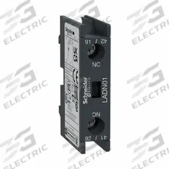 SCHNEIDER Auxiliary Contact Block: 1NC, 10 A Max Current (AC), Front Mount, Front-Mounted (MPN LADN01). Key specifications — Brand: SCHNEIDER; Compatible with Series: TeSys F.