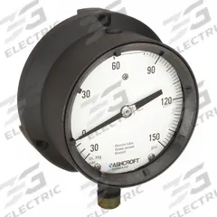 ASHCROFT Process Pressure Gauge: 0 psi to 150 psi, White, 4 1/2 in Dial, 1/2 in NPT Male, Bottom, 4X (MPN 451379ASL04LVAC/150#). Key specifications — Brand: ASHCROFT; Pointer Color: Black; Accuracy: ±0.5%; Dial Color: White; Gauge Wetted Parts: Brass / Bronze; Case Material: Epoxy-Coated Aluminum; Vibration Resistance Properties: Liquid-Filled; Pressure Range: 0 psi to 150 psi.