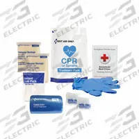 CPR and Sprains Treatment Pack: 9 Components, Plastic, Bag, White, No Medication Included, Plastic (MPN 91165). Key specifications — Brand: FIRST AID ONLY; Adhesive Bandages Included: (1) Triangular Bandage; Product Type: CPR and Sprains Treatment Pack; PPE and Disposal Equipment Included: (2) Nitrile Exam Gloves; Oral and Inhalant Medicinals Included: No Oral/Inhalant Medicinals; Tools Included: (1) Cold Pack; Topical Medicinals Included: No Topical Medicinals; Wound Dressings Included: (2) Triangular Bandages.