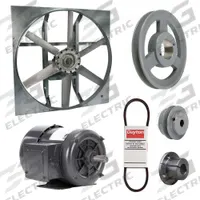 Exhaust Fan with Drive Package: Belt Drive, 24 in Blade, 3/4 hp, 7,357 cfm, 208-230/460V AC, 3 ph (MPN 7M889). Key specifications — Frame Finish: Zinc Plated; Assembled: Unassembled; Brand: DAYTON; Nameplate Voltage: 208-230/460V AC; Frame Material: Steel; Guard Type: None; Method of Construction: Cast; Motor Type: 3-Phase.