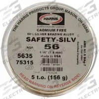 HARRIS Brazing Alloy: High Silver, 56%, BAg-7, 1/16 in, Bare, Safety-Silv 56 (MPN 5635). Key specifications — Manufacturer Part Number: 5635; Brand: HARRIS; pack-container: 1 oz t.
