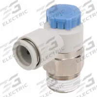 SMC Speed Control Valve: Elbow Fitting, Knob, 3/8 in Valve Body Size, 10 mm Tube, Meter In (MPN AS3211F-03-10SA). Key specifications — attr947203: Brass/PBT; attr947205: SMC.