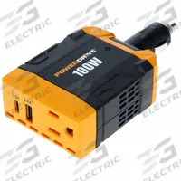 POWERDRIVE Inverter: Modified Sine Wave, Cigarette Lighter Input, 100 W Continuous Output Power (MPN PWD100D). Key specifications — Brand: POWERDRIVE; DC Connection: Cigarette Lighter Input; Input Voltage: 11 to 15V DC; Inverter Output Form: Modified Sine Wave; Output Frequency: 58 to 62 Hz; Output Voltage: 115VAC.