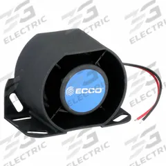 ECCO Vehicle Backup Alarm: Fixed, Tonal, 112 dB Max Sound Level, 12-36V DC, 112 dB Min Sound Level (MPN 850N). Key specifications — Alarm Tone Type: Tonal; Mount Type: Bolt; Connector Type: 16 AWG Blunt Cut Wire; Brand: ECCO; SAE Type Rating: Type A; Operating Voltage: 12-36V DC.