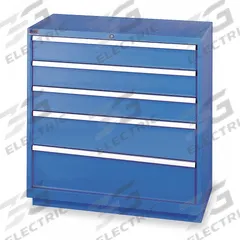 LISTA Modular Drawer Cabinet: 40 1/4 in x 22 1/2 in x 41 3/4 in, 5 Drawers, 57 Compartments, Steel (MPN HS09-0501A-FTKABB). Key specifications — Drawer Inside Height: (3) 5 in; Drawer Access: Single; Base Type: Frame; Number of Compartments per Drawer: (2) 15; Brand: LISTA; Cabinet Color: Bright Blue.