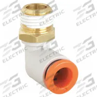 SMC Push-Fit Elbow Fitting: 3/16 in OD x 1/4 in Pipe Size, Push-to-Connect x MNPT, Brass, White (MPN KQ2L05-35AS). Key specifications — Brand: SMC; Thread Size A: 1/4".