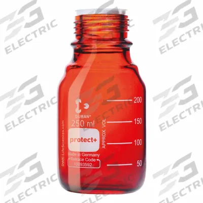 DURAN Narrow Mouth Round Glass Bottles - Safety Coated: 250 mL, 45 mm, Amber - Safety Coated Wide Mouth Round Glass Lab Bottles
