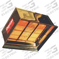 DAYTON Gas Infrared Flat Panel Heater: Natural Gas, 90,000 BtuH Heating Capacity Input (MPN 5VD65). Key specifications — Brand: DAYTON; Fuel Type: Natural Gas; Clearance to Combustibles - Top x Below x Sides: 42 in x 98 in x 48 in; Floor Coverage @ Minimum Mounting Height: 20 ft x 20 ft; For Use Outdoors: Indoor Use Only; Min. Mounting Height: 16 to 18 ft; Overall Dimensions - H x W x D: 22-1/2 in x 26-5/8 in x 15-1/4 in.