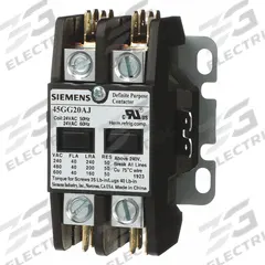 SIEMENS Definite Purpose Magnetic Contactor: 2 Poles, 480V AC, 40 A, Non-Reversing (MPN 45GG20AH). Key specifications — Brand: SIEMENS; Coil Voltage: 380-440/440-480V AC; Contactor Style: HVACR Definite Purpose Contactor; Mounting Style: Surface; Terminal Connection Type: Screw Terminals; Maximum Voltage Rating: 600V AC; Series: 42 Series; Phase: Single.