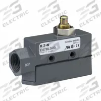 EATON Snap Action Switch: Plunger Actuator, SPDT, Screw Terminals (MPN E47BLS05). Key specifications — AC Contact Rating: 15 A @ 250 V; Electrical Connection: Screw Terminals; Series: E47; Brand: EATON.