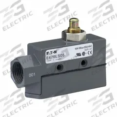 EATON Snap Action Switch: Plunger Actuator, SPDT, Screw Terminals (MPN E47BLS05). Key specifications — AC Contact Rating: 15 A @ 250 V; Electrical Connection: Screw Terminals; Series: E47; Brand: EATON.