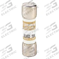 LITTELFUSE Fuse: KLKD Series, Midget, Fast-Acting, 15 A, 600 V AC, 600 V DC, 13/32 in x 1 1/2 in (MPN KLKD015). Key specifications — attr1287209: KLKD; attr211192: LITTELFUSE.