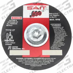 SAIT Depressed Center Cut-Off Wheel: Type 27, 9" x 0.09" x 5/8"-11, Aluminum Oxide, 60 Grit, A60S (MPN 20919). Key specifications — Series: A60S; Brand: UNITED ABRASIVES-SAIT.