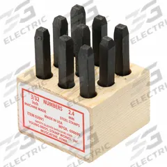 YOUNG BROS. STAMP WORKS Hand Stamp Kit: 0 thru 9 (6 doubles as 9), 3/32 in Character Ht, Steel (MPN 02091). Key specifications — Material: Steel; Brand: YOUNG BROS. STAMP WORKS; Characters Included: 0 thru 9 (6 doubles as 9).