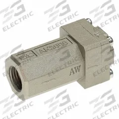 SMC Pneumatic Check Valve: Bushing, 1/4 in Rc, 1/4 in Rc, 1 MPa Max. Pressure (MPN AK2000-02). Key specifications — attr291949: 1/4 in Rc; attr291950: 1/4 in Rc; attr291957: Aluminum Die Cast (Body); Aluminum Die Cast (Cover); NBR (O-Ring); POM (Valve); attr294749: SMC.