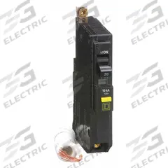 SQUARE D Miniature Circuit Breaker: 20 A, 120V AC, Single Phase, 10kA at 120V AC, 1 Poles (MPN QOB120GFI). Key specifications — Phase: Single; Amps: 20 A; AC Voltage Rating: 120V AC; Max. AIR Rating: 10kA at 120V AC; For Use With: QO Load Centers and NQ Panelboards; Brand: SQUARE D.