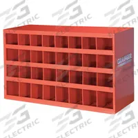 DURHAM MFG Pigeonhole Bin Unit: 34 in x 12 in x 18 in, 32 Compartments, 4 in x 11 7/8 in x 4 1/2 in (MPN 357-17-S1156). Key specifications — attr7229: Steel; attr38869: DURHAM MFG; attr38873: Red.
