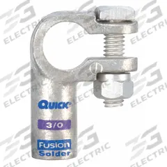 FUSION Battery Terminal: Right Elbow, Solder, 3/0 ga, Purple Color, Negative, Copper/Tin (MPN 416330N). Key specifications — Contact Material: Tin; Alignment: Right Elbow; Color Code: Purple; Connection Type: Solder; Gauge: 3/0 ga; Polarity: Negative; Brand: FUSION.