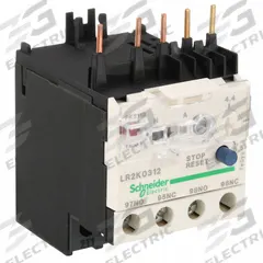 SCHNEIDER Overload Relay: Thermal Protection, 3 Poles, 1NO/1NC, Phase Loss Sensitivity (MPN LR2K0312). Key specifications — Brand: SCHNEIDER; Auxiliary Contact Form: 1NO/1NC; Compatible Contactor Series: TeSys Deca; Terminal Connection Type: Screw Clamp Terminals; Maximum Voltage Rating: 250V DC (Signaling Circuit); Phase Loss Sensitivity: Yes; Thermal Units Required: None (Relay Includes Integrated Bimetallic Elements); Compatible Contactors: TeSys K Models.