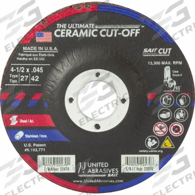 UNITED ABRASIVES-SAIT Abrasive Grinding Wheel: Type 27, 4 1/2" x 0.045" x 7/8", Ceramic - Cool-Cutting Cut-Off Wheels for Carbon & Stainless Steel