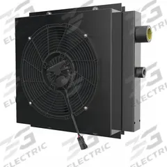 AKG Forced Air Oil Cooler: 20 hp Heat Removed, 50 gpm Max. Flow, 250 psi Max. Pressure, 24V DC (MPN DCSB16-24-BP25-3). Key specifications — attr96059: SAE #16; attr96056: IP 68; attr96057: 24V DC; attr98919: AKG.