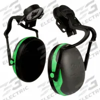 3M Earmuffs: Hard Hat-Mounted Earmuff, Passive, 20 dB_21 dB NRR, Foldable, Dielectric, Black/Green (MPN X1P51E). Key specifications — Sub-brand: PELTOR; Style: Rigid; Dielectric: Yes; Electrically Insulated: Yes; Band Material: Polyamide; Cushion Material: PVC; Cup Material: ABS; Series: X-Series.