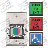 SECURITRON Exit Push Button: 4 1/2 in Ht, 5/8 in Dp, 2 3/4 in Wd, ADA Compliant, Blue/Green/Red (MPN PB2E). Key specifications — Color: Green; Product Type: Exit Push Button; Operation Type: Push Button; ADA Compliant: Yes; Brand: SECURITRON.
