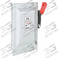 SIEMENS Safety Switch: Fusible, 30 A, Three Phase, 600V AC, Galvanized Steel, Indoor (MPN HF361). Key specifications — Brand: SIEMENS.