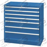 LISTA Modular Drawer Cabinet: 40 1/4 in x 22 1/2 in x 39 3/8 in, 7 Drawers, 102 Compartments, Steel (MPN HS09-0702A-FTKABB). Key specifications — Drawer Inside Height: (1) 7.09 in; Drawer Access: Single; Base Type: Frame; Number of Compartments per Drawer: (2) 12; Brand: LISTA; Cabinet Color: Bright Blue.