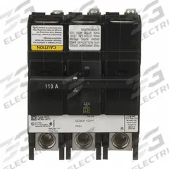 SQUARE D Miniature Circuit Breaker: 110 A, 120/240V AC, Three Phase, 22kA at 120/240V AC, 3 Poles (MPN QOB3110VH). Key specifications — Phase: Three; Amps: 110 A; AC Voltage Rating: 120/240V AC; Max. AIR Rating: 22kA at 120/240V AC; For Use With: Square D NQOD Panelboards; Brand: SQUARE D.