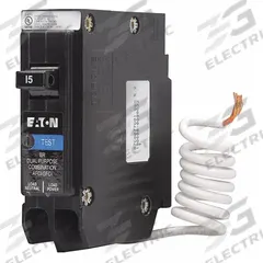 EATON Circuit Breaker: 15 A, 120V AC, Single Phase, 10kA at 120V AC, Type BR Loadcenters, 1 Poles (MPN BRN115DF). Key specifications — Amps: 15 A; AC Voltage Rating: 120V AC; Phase: Single; Max. AIR Rating: 10kA at 120V AC; Circuit Breaker Type: Arc & Ground Fault Circuit Interrupter; For Use With: Type BR Loadcenters; Brand: EATON.