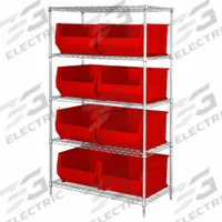 QUANTUM STORAGE SYSTEMS Shelving Unit: 42 in x 30 in x 74 in, 1 Sided, 8 Bins, Shelf Bin, Red (MPN WR5-975RD). Key specifications — Includes Bins: Yes; Frame Color: Chrome; Bin HxWxD: 12 x 18-1/4 x 29-7/8 in; Frame Material: Carbon Steel; Bin Color: Red; Bin Style: Shelf; Brand: QUANTUM STORAGE SYSTEMS.