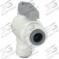 PARKER Manual Two-Way Ball Valve: 3/8 in, Polypropylene, Angle, Push x Push, One-Piece, Lever (MPN LFPP6VEU4). Key specifications — Brand: PARKER; Handle: Lever.