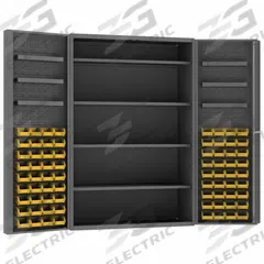 DURHAM MFG Bin Cabinet: 48 in x 24 in 72 in, 10 Shelves, 72 Bins, Yellow, Deep Box, 14 ga Panel (MPN DC48-724S6DS-95). Key specifications — Bin Color: Yellow; Bin HxWxD: (72) 4 in x 5 in x 3 in; Assembled: Assembled; Cabinet Style: Shelf and Bin; Brand: DURHAM MFG; Cabinet Color: Gray; Cabinet Finish: Powder Coated; Cabinet Material: Steel.