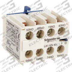 SCHNEIDER Auxiliary Contact Block: 4NO, 10 A Max Current (AC), Front Mount, Front-Mounted (MPN LA1KN40). Key specifications — Frame Size: X; Brand: SCHNEIDER; Compatible with Series: TeSys K.