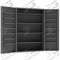 DURHAM MFG Bin Cabinet: 48 in x 24 in 72 in, 16 Shelves, 0 Bins, Deep Box, 14 ga Panel, Gray, Keyed (MPN DC48-4S14DS-95). Key specifications — Assembled: Assembled; Cabinet Style: Shelf and Bin; Brand: DURHAM MFG; Cabinet Color: Gray; Cabinet Finish: Powder Coated; Cabinet Material: Steel; Cabinet Storage Components: Shelves.