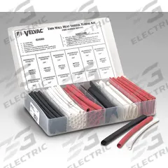 VELVAC Heat Shrink Tubing Kit: 86 Pieces, 1/2 in/1/4 in/1 in/3/16 in/3/4 in/3/8 in, 2:1, 6 in (MPN 3ULU8). Key specifications — I.D. Before Shrinking: 3/8 in; Shrink Ratio: 2:1; Length: 6 in; Includes: (12) 3/8 in Red; Color: Black; Use With Wire Size: 0.18 in to 1.00 in; Shrink Tubing Kit Type: Heat Shrink Tubing Kit; Brand: VELVAC.
