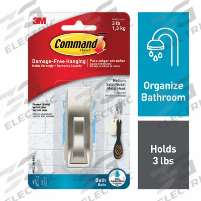 COMMAND Hook: 3 lb Wt Capacity, 1 Points per Hook, Nickel, 3 1/8 in Overall Ht - Bath & Wet Location Adhesive-Backed Hooks