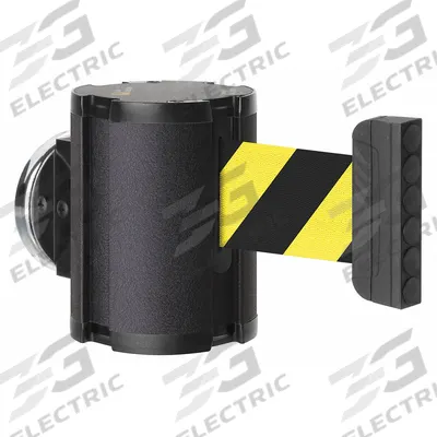 LAVI Retractable Belt Barrier: Magnet, 15 ft Belt Lg, Pattern, Black/Yellow - Magnetic-Mount Retractable Belt Barriers