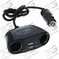 POWERDRIVE Way-2 12V Corded Adapter w/ 2 USB Ports: Power Splitter and Charger, 4 Connections, Black (MPN PD9431USB). Key specifications — Color: Black; Includes: USB Port; Product Type: Power Splitter and Charger; Brand: POWERDRIVE; Ports: 12V Auxiliary Port.