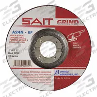 SAIT Depressed Center Grinding Wheel: Type 27, 4" x 1/4" x 3/8", Aluminum Oxide, 24 Grit, A24N (MPN 20012). Key specifications — Series: A24N; Brand: UNITED ABRASIVES-SAIT.