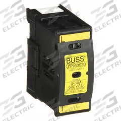BUSSMANN Fuse Block: Finger-Safe, 1 Pole, 600 V AC, DIN Rail Mounting, Box Lug Termination (MPN JTN60030). Key specifications — Brand: BUSSMANN.
