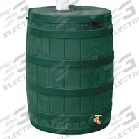 BUSHMAN Rain Barrel: Green, 30 in Overall Ht, 23 in Overall Wd, Spigot Included, 50 gal Capacity (MPN RW50-GRN). Key specifications — Product Type: Rain Barrel; Includes: Brass Spigot; Teflon (Plumbers) Tape; Trilingual Instructions; Brand: BUSHMAN; Includes Spigot: Spigot Included; Color: Green.