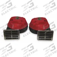 WOLO Electric Horn: 12V DC, High Tone/Low Tone, Electric, Red, Unfinished, 115 dB Sound Level - Max (MPN 320-2T). Key specifications — Type: Low Tone; Brand: WOLO; Compatible Vehicle Type: Passenger Vehicles; Finish: Unfinished; Includes: Hardware; Color: Red.