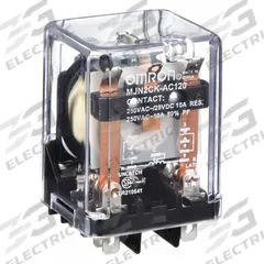 OMRON Latching Relay: Socket Mounted, 10 A Current Rating, 120V AC, DPDT, 9 Pins/Terminals, C Socket (MPN MJN2CK-AC120). Key specifications — Brand: OMRON; Base Type: Square; Mounting Style: Plug-In; Pin Shape: Round; Electrical Connection: Plug-In; Manufacturer Part Number: MJN2CK-AC120; Series: MJN Series.