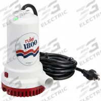 RULE Plug-In Utility Pump: 110V AC, 15 ft Max. Head, 20 gpm Flow Rate @ 5' of Head (MPN A53D). Key specifications — Rated Voltage: 110V AC; Brand: RULE.