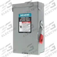 SIEMENS Safety Switch: Non-Fusible, 60 A, Three Phase, 240V AC, Galvanized Steel, Indoor/Outdoor (MPN GNF322RA). Key specifications — attr867131: SIEMENS.