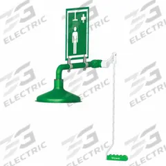 HUGHES SAFETY Plumbed Shower: Wall Mnt, Stainless Steel Sprayhead, Stainless Steel Pipe, Green (MPN L23GS). Key specifications — Brand: HUGHES SAFETY; Activation: Pull Rod.