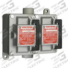 APPLETON ELECTRIC Tumbler Switch: 2 Gang, 2-Pole, 20 A, 277 V AC, Feed-Thru Hub, 1/2 in Hub Size (MPN EDSC250-R2). Key specifications — Brand: APPLETON ELECTRIC.